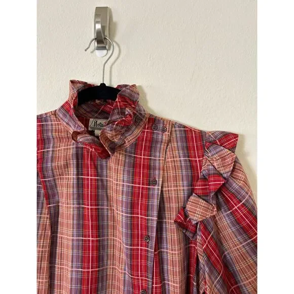 VTG Notations Ruffle blouse red plaid western prairie Sz10 Edwardian cottagecore - Picture 7 of 9